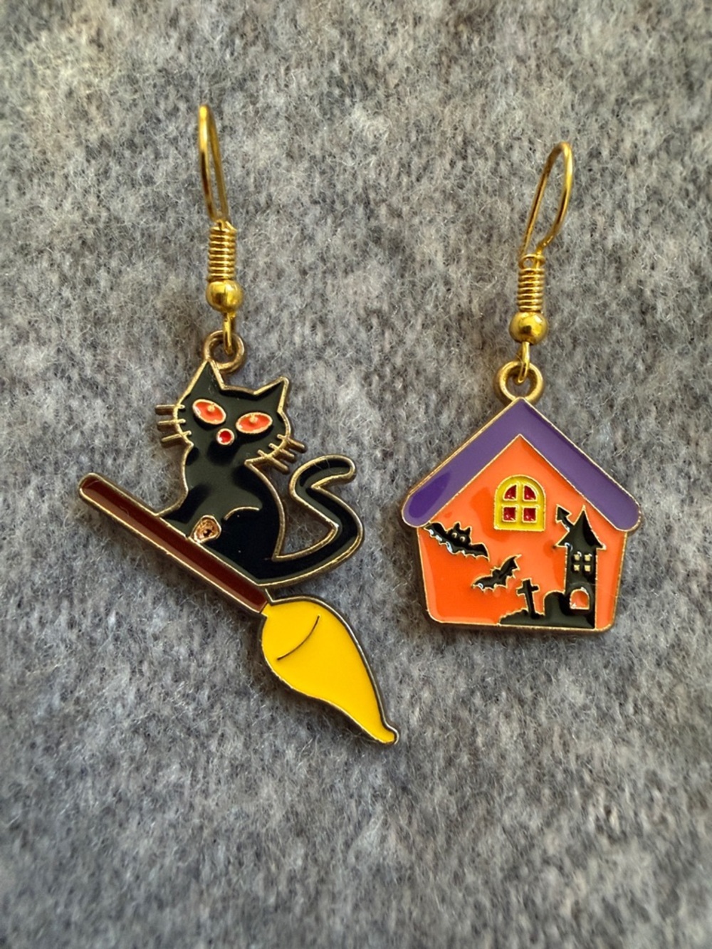 Black Cat lover broomstick witch bat Halloween haunted House fun Dangle Earrings